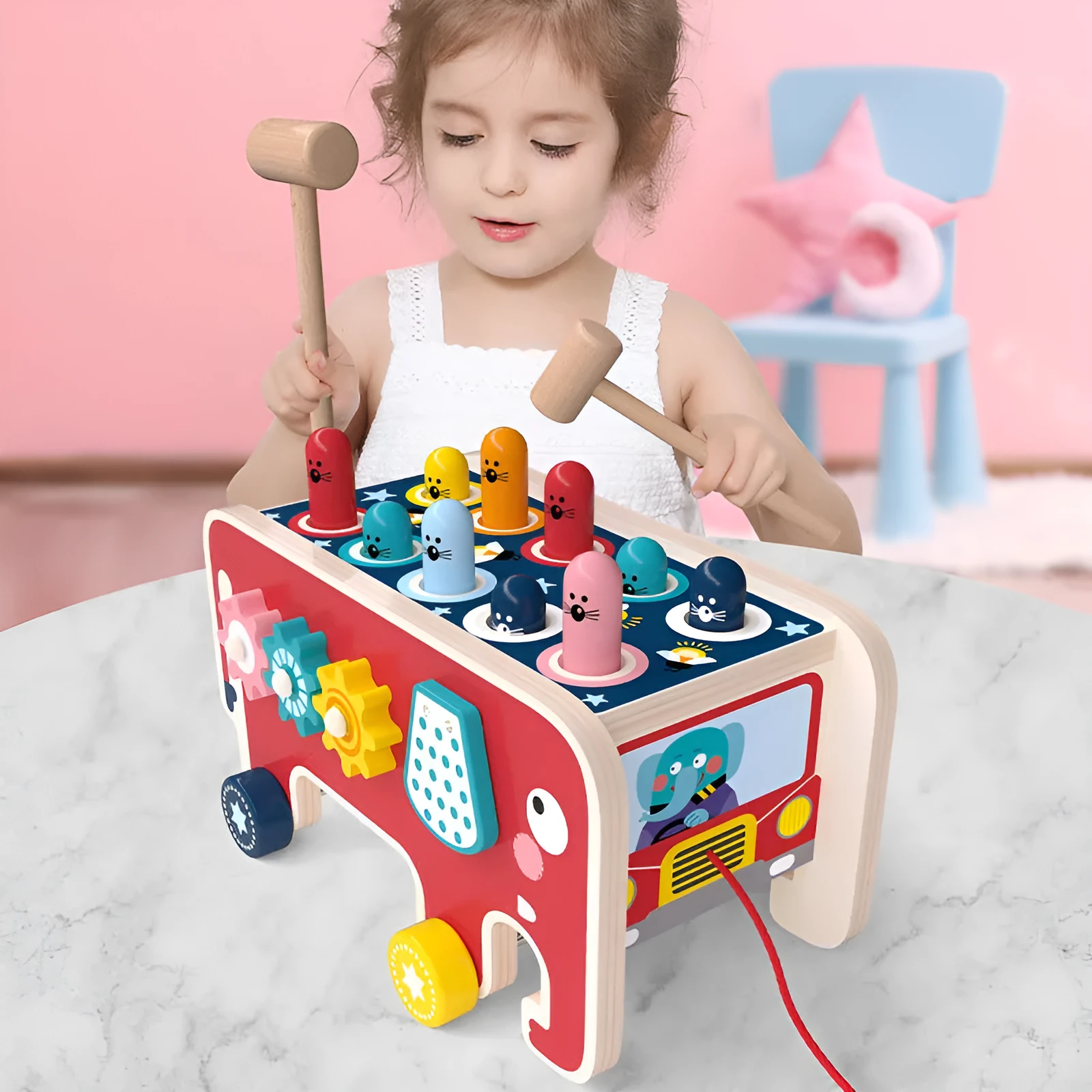 Montessori wooden pounding bench with red hammer and cute hamster toy for toddlers