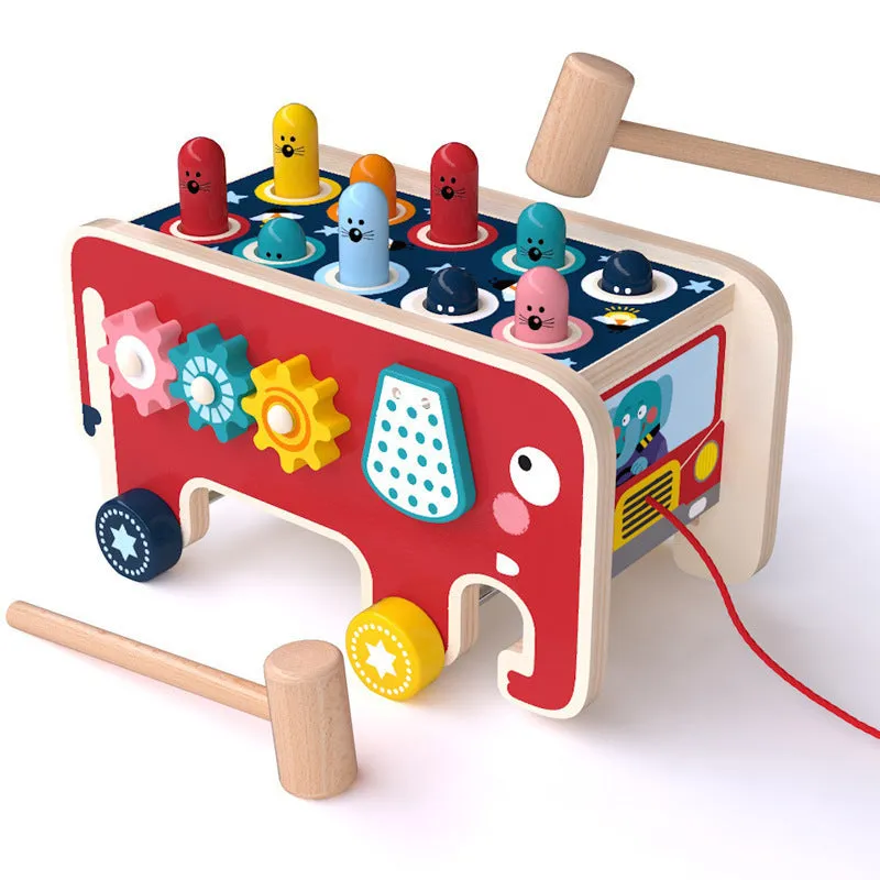 Montessori wooden pounding bench with red hammer and cute hamster toy for toddlers