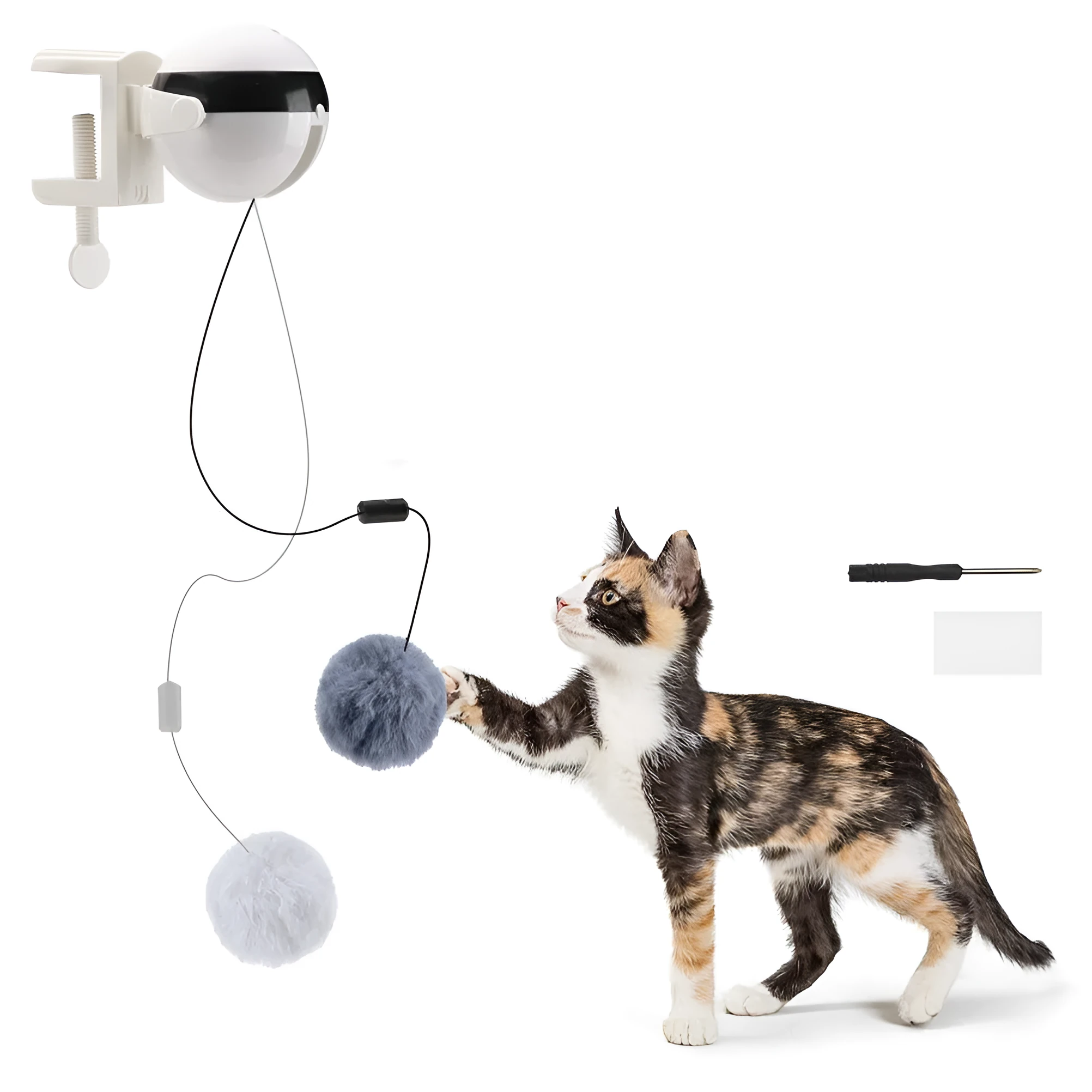 Electric automatic lifting cat toy with rabbit hair teaser and black ABS body on a light floor