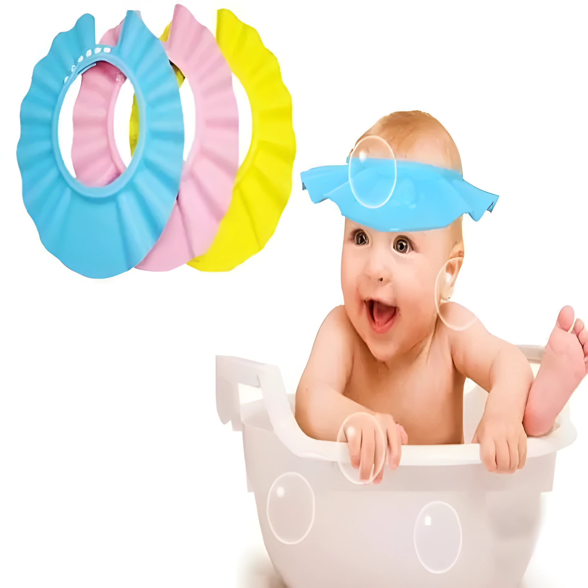 Adjustable waterproof EVA baby shower cap in blue with ear detail, 29x26cm