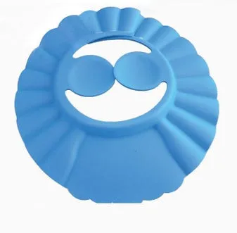 Adjustable waterproof EVA baby shower cap in blue with ear detail, 29x26cm