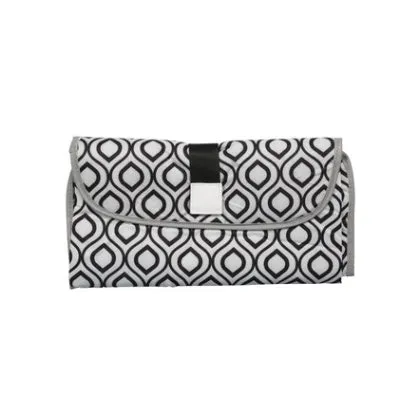 Portable baby diaper changing mat in yellow geometric pattern, 70x50cm, with toy ring and wrist strap unfolded on floor