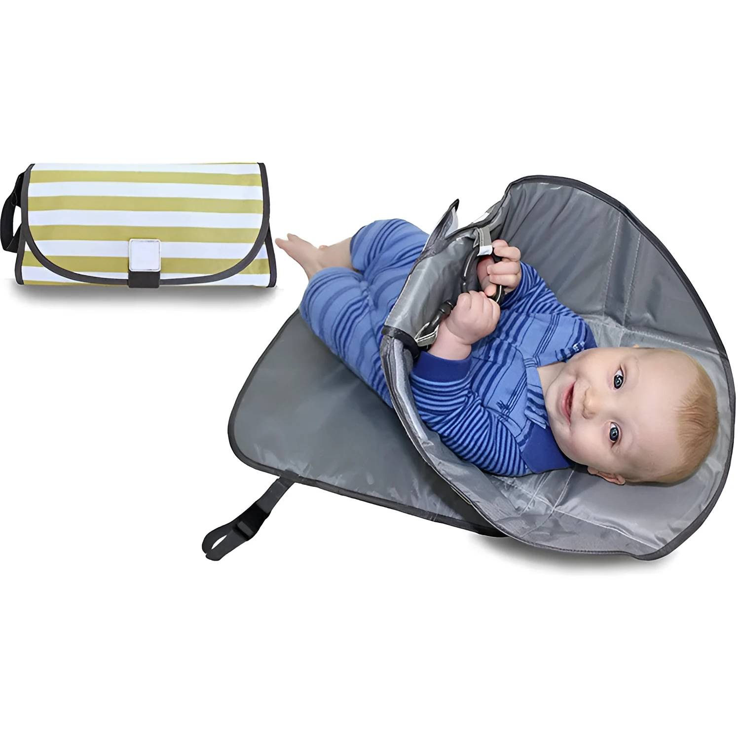 Portable baby diaper changing mat in yellow geometric pattern, 70x50cm, with toy ring and wrist strap unfolded on floor