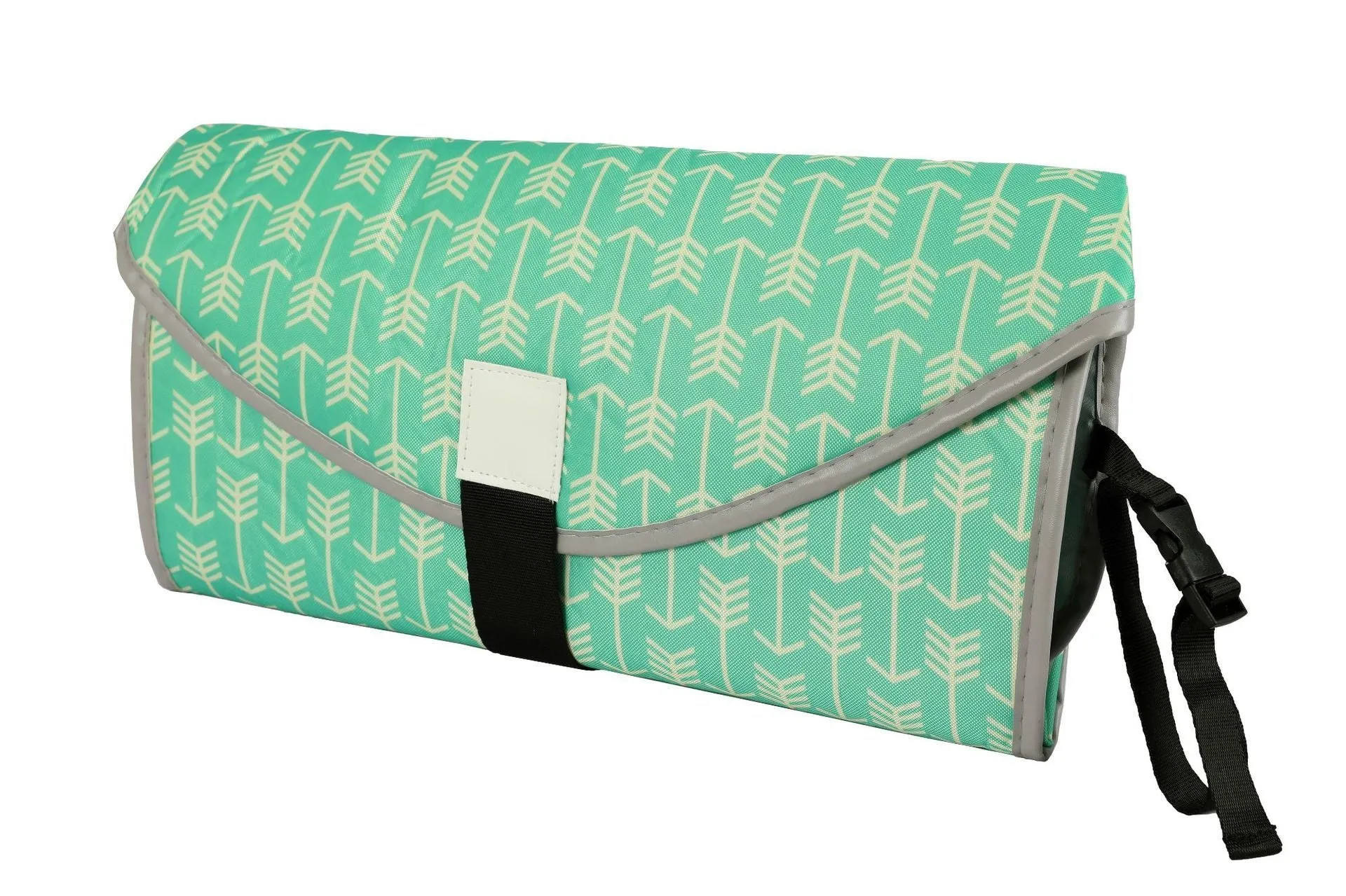 Portable baby diaper changing mat in yellow geometric pattern, 70x50cm, with toy ring and wrist strap unfolded on floor
