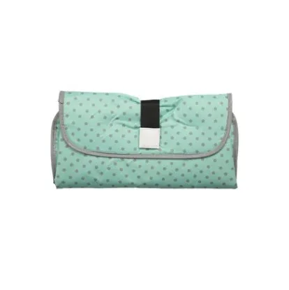 Portable baby diaper changing mat in yellow geometric pattern, 70x50cm, with toy ring and wrist strap unfolded on floor