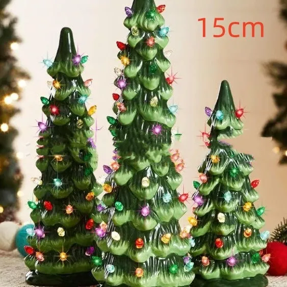 Set of three white resin Christmas tree lamp ornaments in 20cm, 25cm, and 30cm sizes with LED lights.