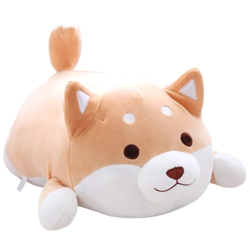 Cute fat Shiba Inu dog plush toy in brown on a white background, soft stuffed animal with cartoon face