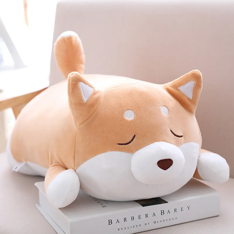 Cute fat Shiba Inu dog plush toy in brown on a white background, soft stuffed animal with cartoon face