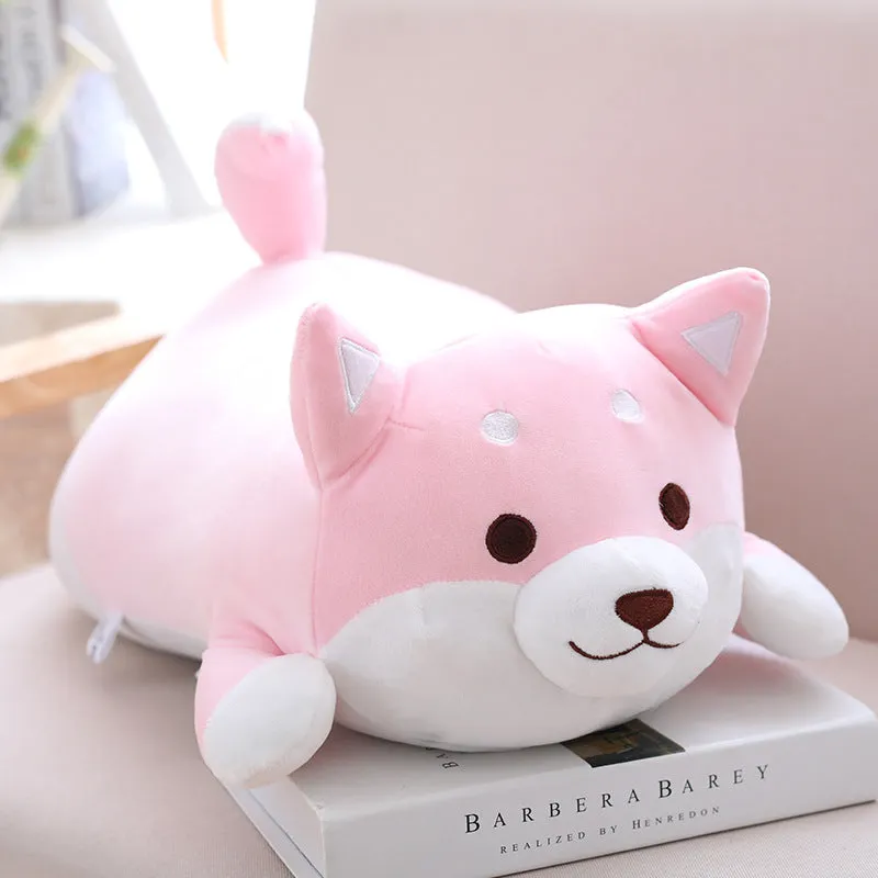 Cute fat Shiba Inu dog plush toy in brown on a white background, soft stuffed animal with cartoon face