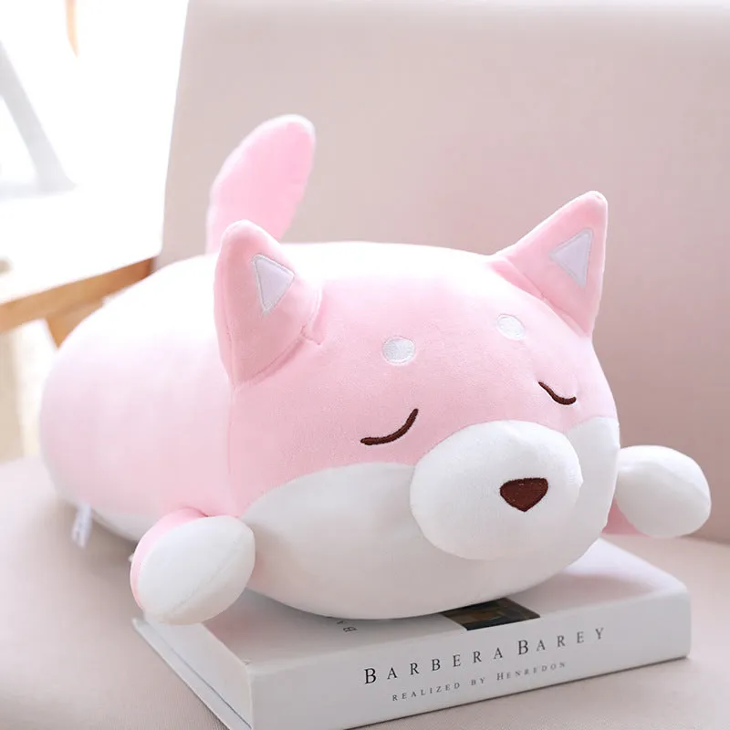 Cute fat Shiba Inu dog plush toy in brown on a white background, soft stuffed animal with cartoon face