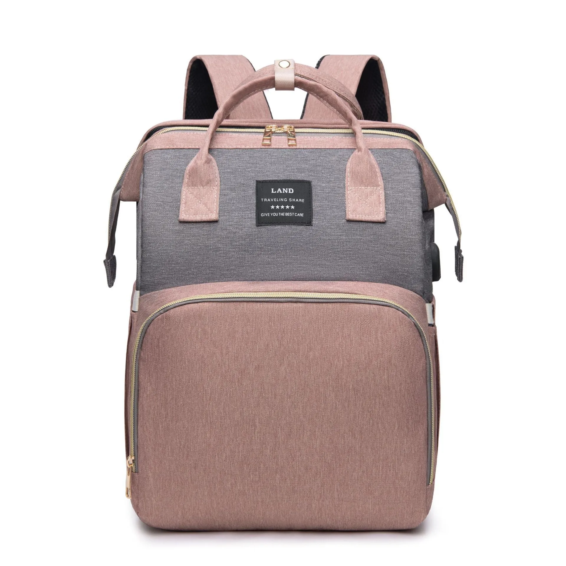 Large capacity insulated baby crib backpack in pink grey with double shoulder straps and outer pocket on white background