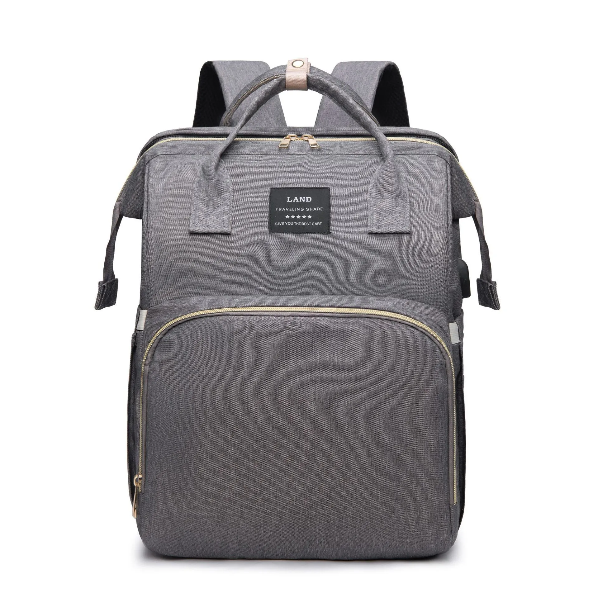 Large capacity insulated baby crib backpack in pink grey with double shoulder straps and outer pocket on white background
