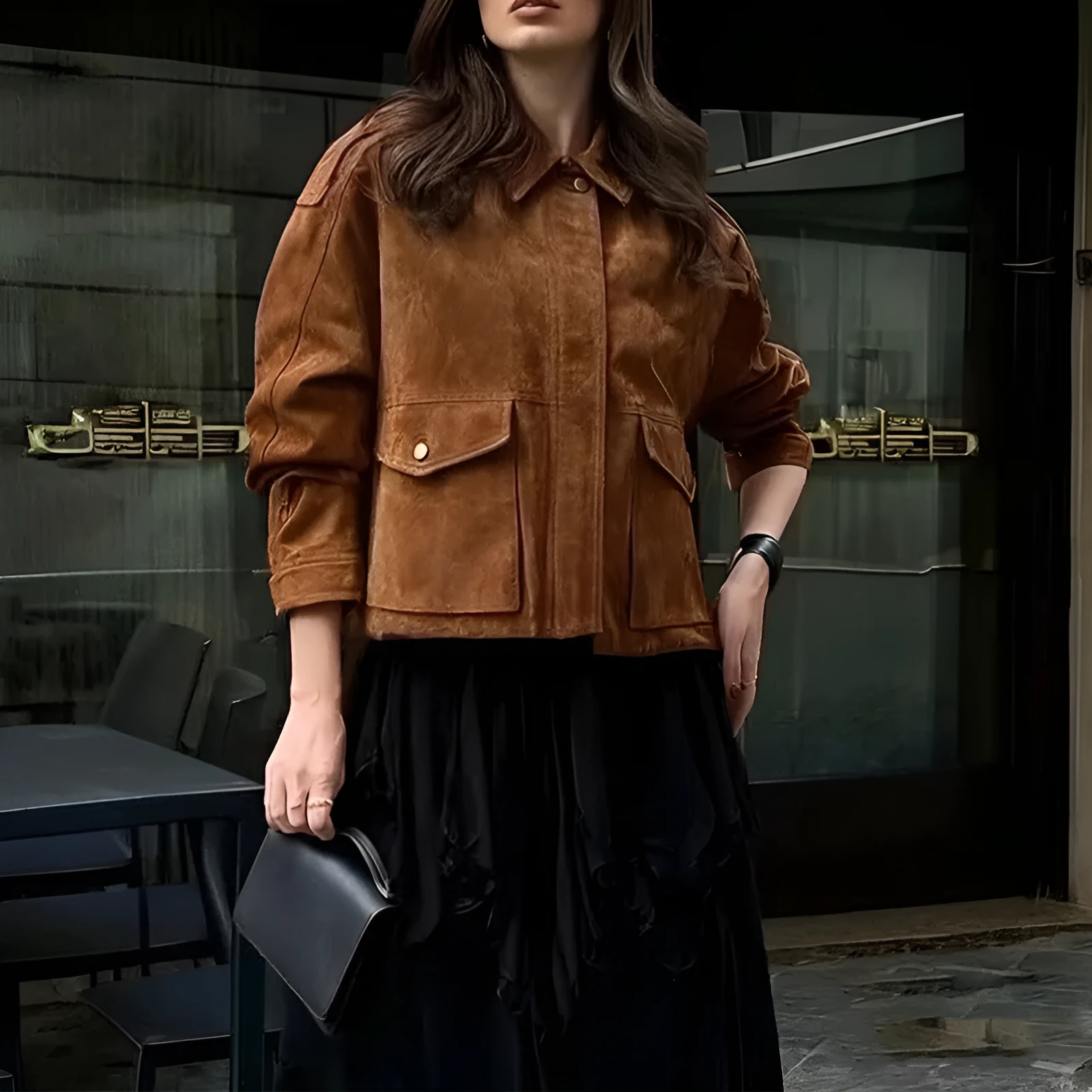 Women's brown suede coat with regular sleeves in street chic style