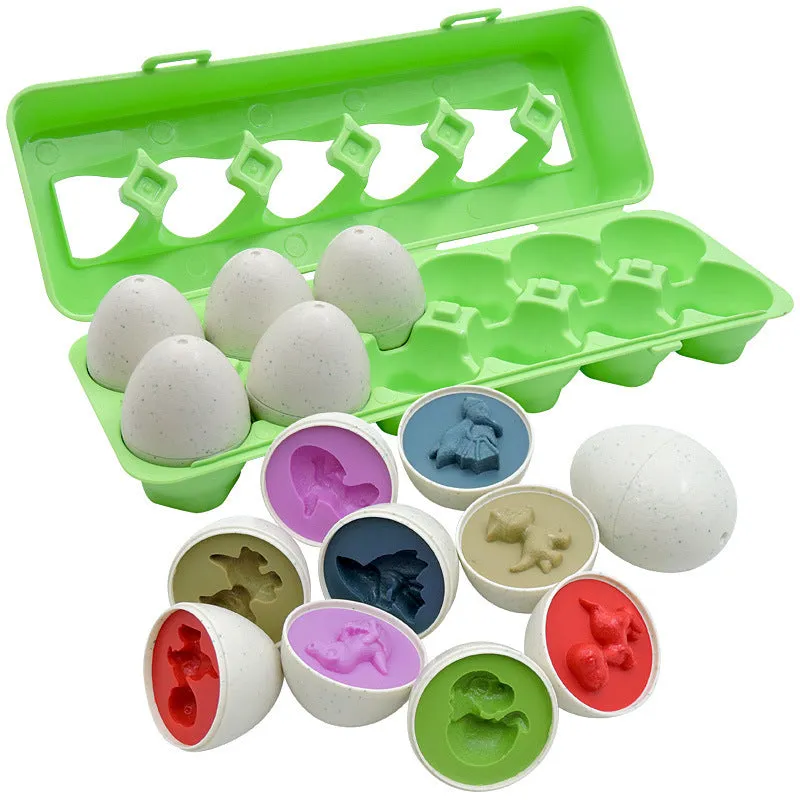 12 shape matching eggs toy set in green plastic with storage case, educational toy for children 3-6 years