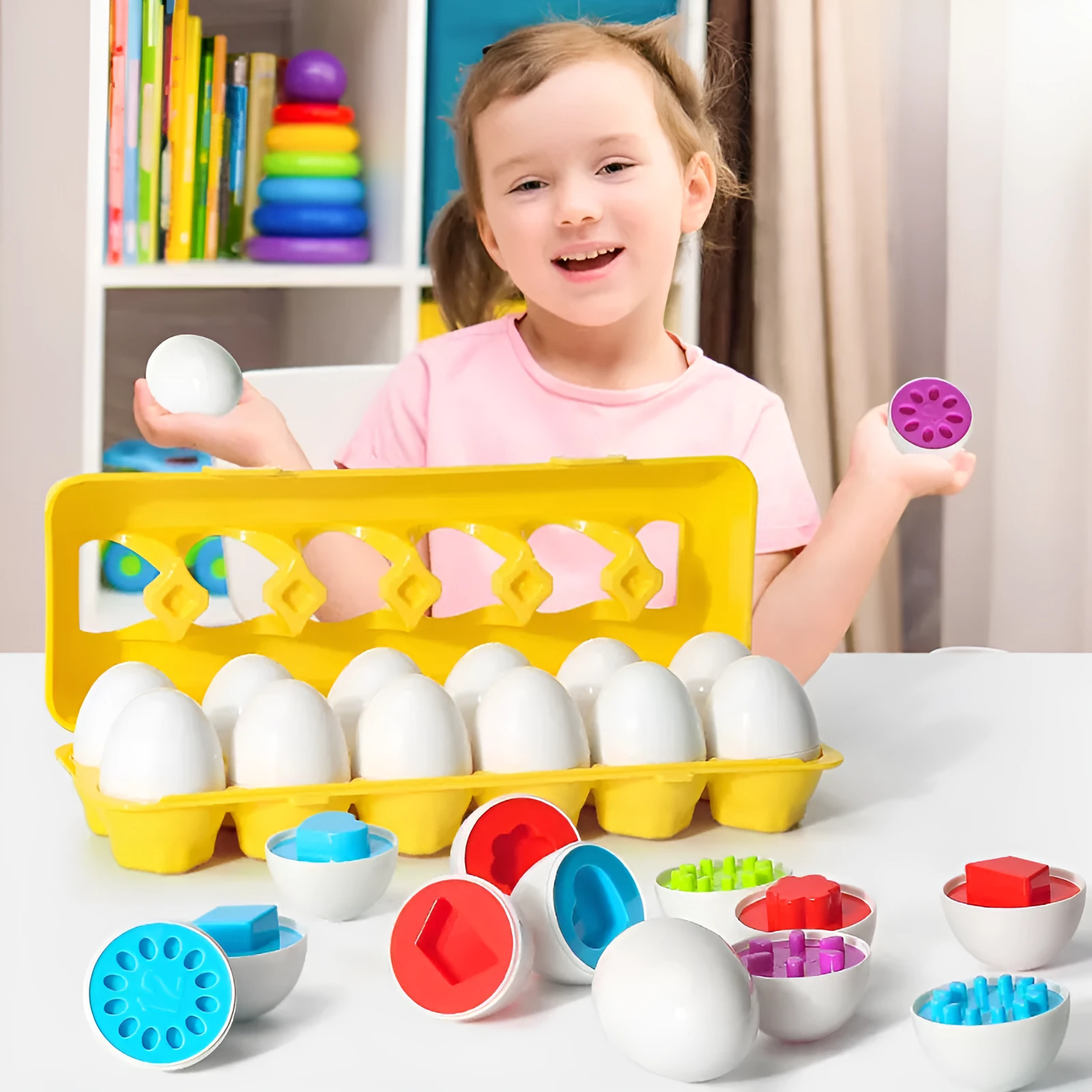 12 shape matching eggs toy set in green plastic with storage case, educational toy for children 3-6 years
