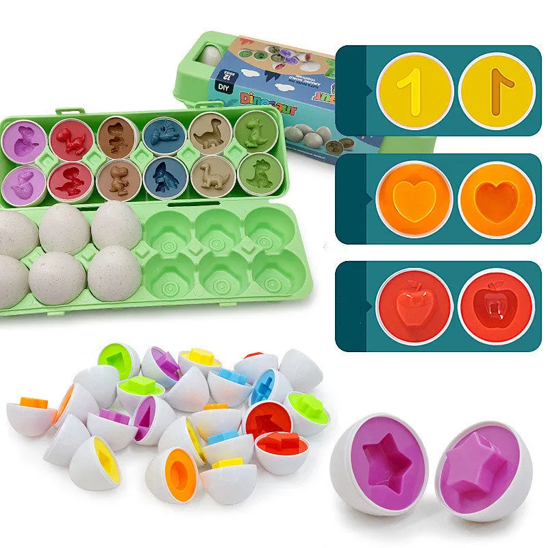 12 shape matching eggs toy set in green plastic with storage case, educational toy for children 3-6 years