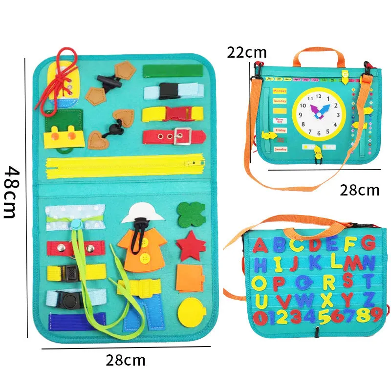 Soft felt busy board for toddlers with dressing and buttoning activities, foldable design, colourful style