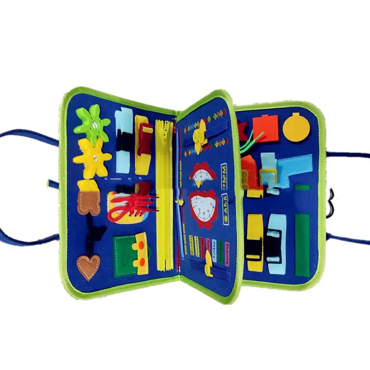 Soft felt busy board for toddlers with dressing and buttoning activities, foldable design, colourful style