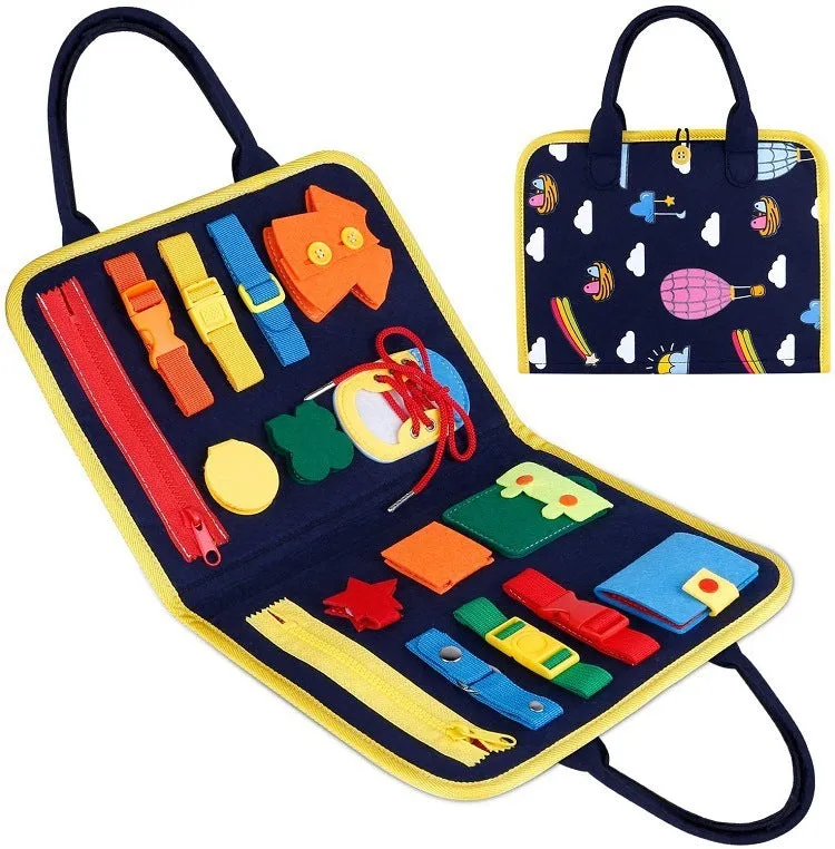 Soft felt busy board for toddlers with dressing and buttoning activities, foldable design, colourful style
