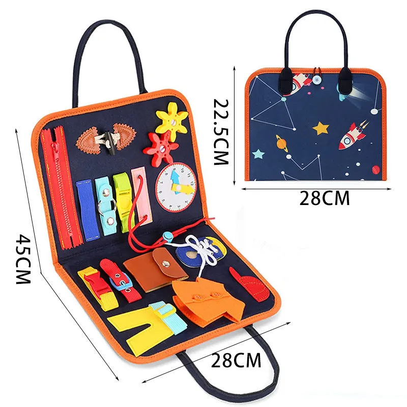 Soft felt busy board for toddlers with dressing and buttoning activities, foldable design, colourful style