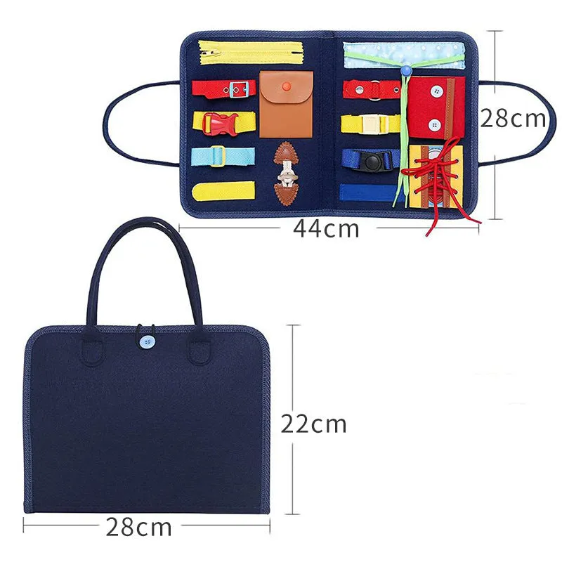 Soft felt busy board for toddlers with dressing and buttoning activities, foldable design, colourful style