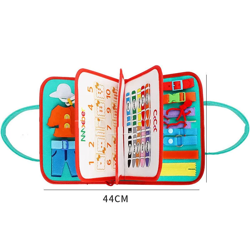 Soft felt busy board for toddlers with dressing and buttoning activities, foldable design, colourful style