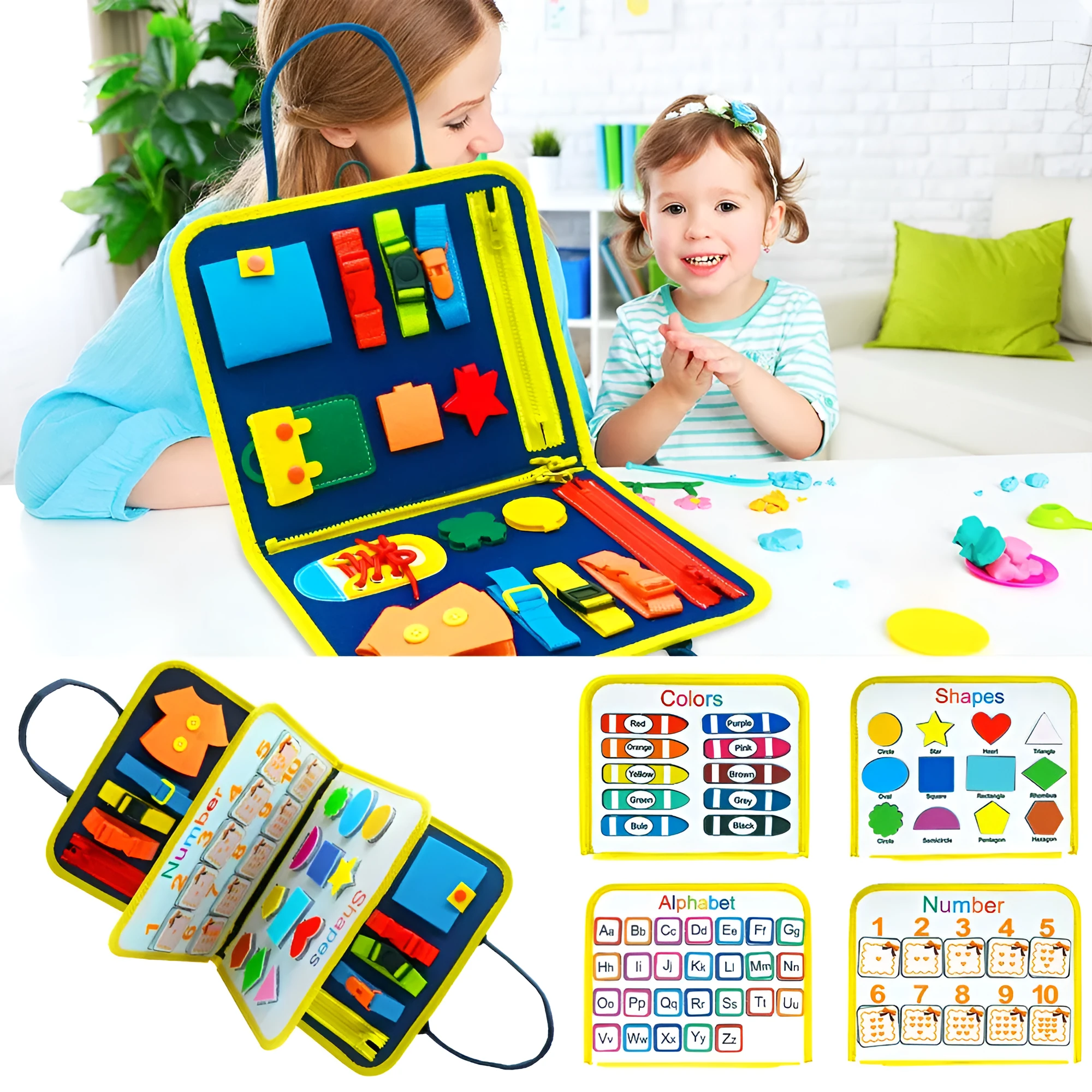 Soft felt busy board for toddlers with dressing and buttoning activities, foldable design, colourful style