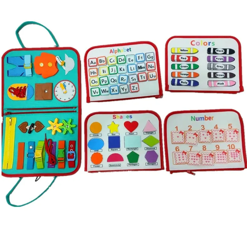Soft felt busy board for toddlers with dressing and buttoning activities, foldable design, colourful style