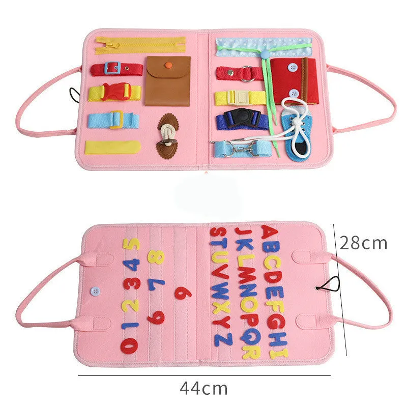 Soft felt busy board for toddlers with dressing and buttoning activities, foldable design, colourful style
