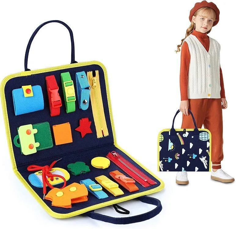Soft felt busy board for toddlers with dressing and buttoning activities, foldable design, colourful style