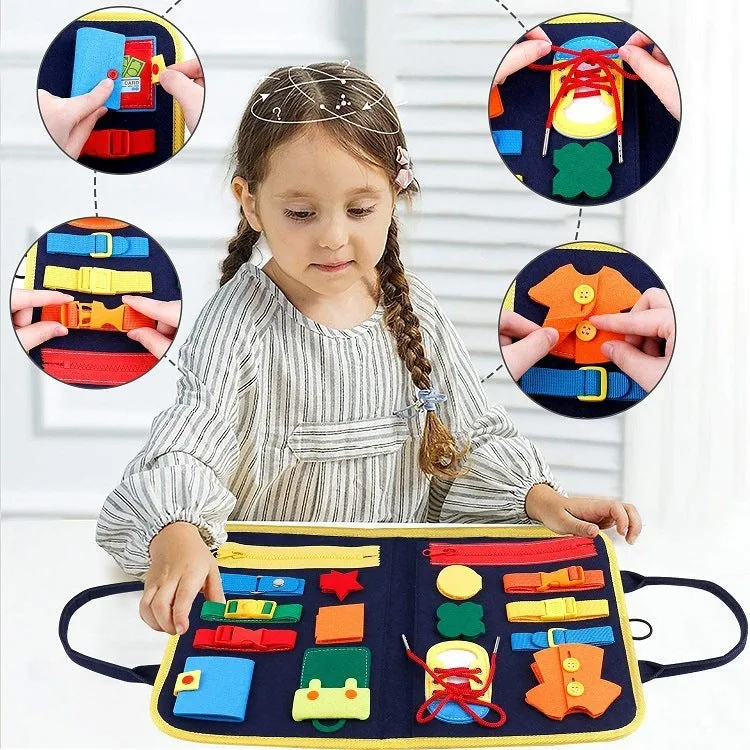 Soft felt busy board for toddlers with dressing and buttoning activities, foldable design, colourful style