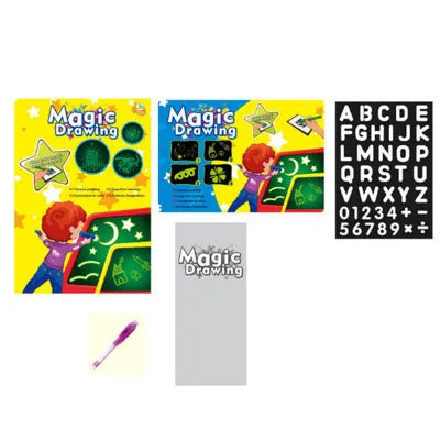 Educational drawing pad with light-accumulating coating, flashlight marker, and alphabet template for children aged 4-6.