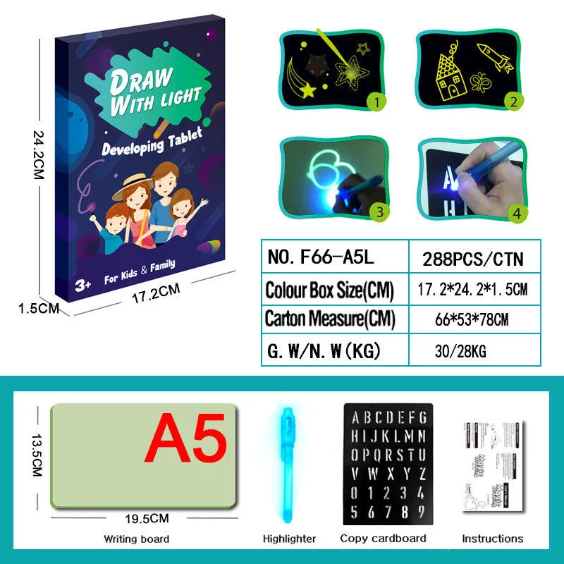 Educational drawing pad with light-accumulating coating, flashlight marker, and alphabet template for children aged 4-6.
