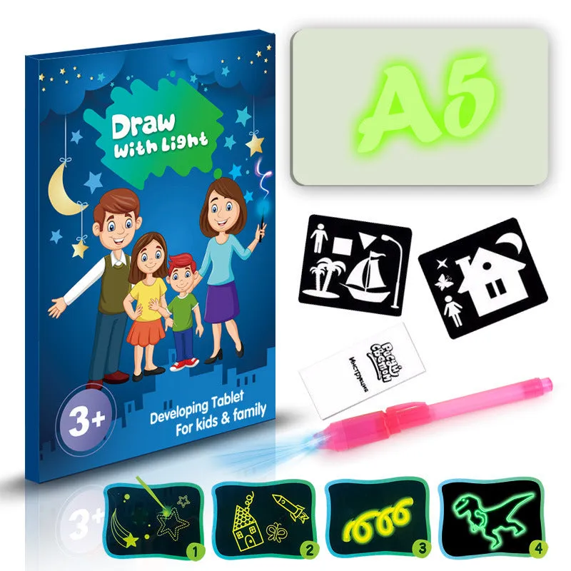 Educational drawing pad with light-accumulating coating, flashlight marker, and alphabet template for children aged 4-6.