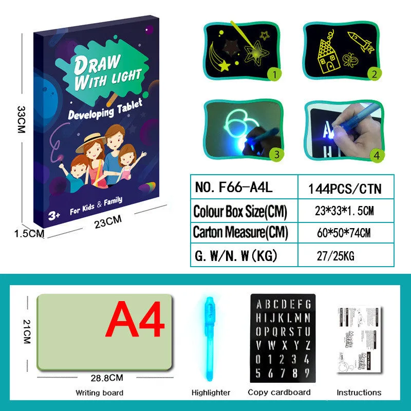 Educational drawing pad with light-accumulating coating, flashlight marker, and alphabet template for children aged 4-6.