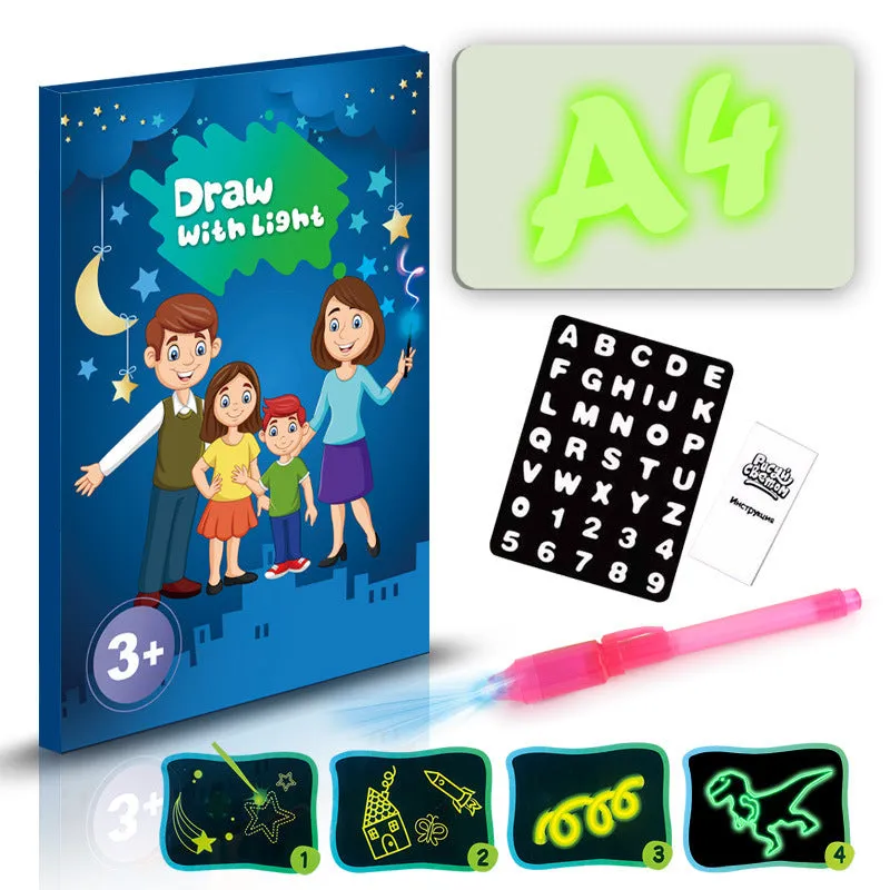 Educational drawing pad with light-accumulating coating, flashlight marker, and alphabet template for children aged 4-6.