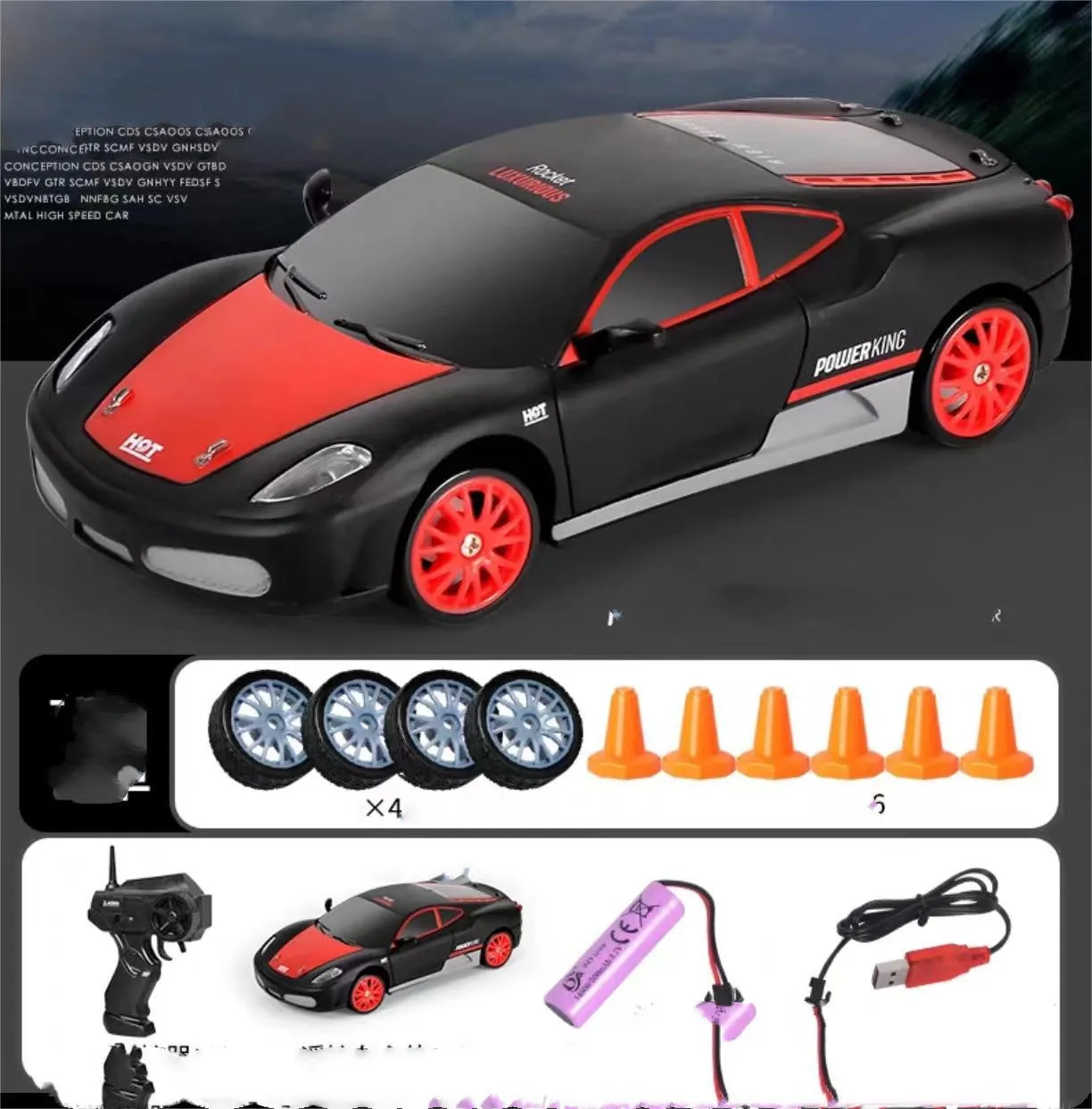 2.4G RC drift car 4WD 1:24 scale remote control toy GTR model in classic style on road with traffic cones