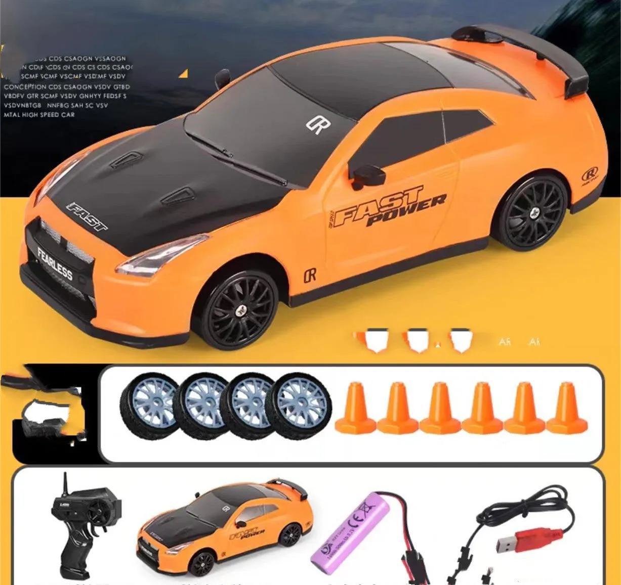 2.4G RC drift car 4WD 1:24 scale remote control toy GTR model in classic style on road with traffic cones