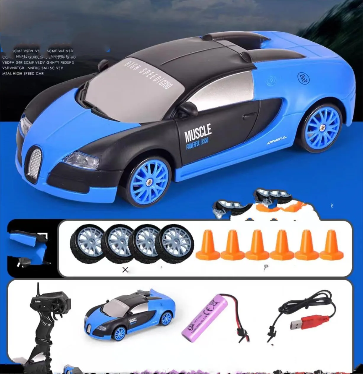 2.4G RC drift car 4WD 1:24 scale remote control toy GTR model in classic style on road with traffic cones