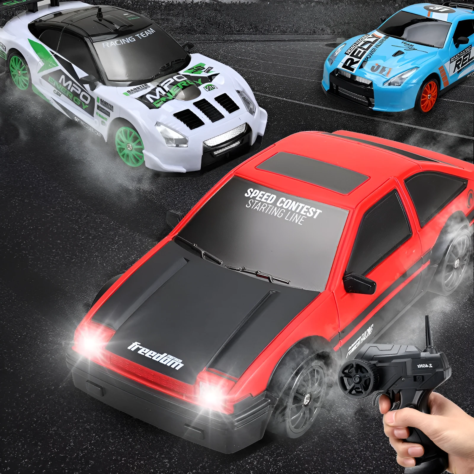 2.4G RC drift car 4WD 1:24 scale remote control toy GTR model in classic style on road with traffic cones