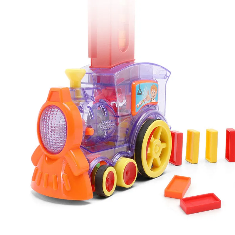 Domino train toy with 100 plastic dominoes in random colours, including toy train and card storage box