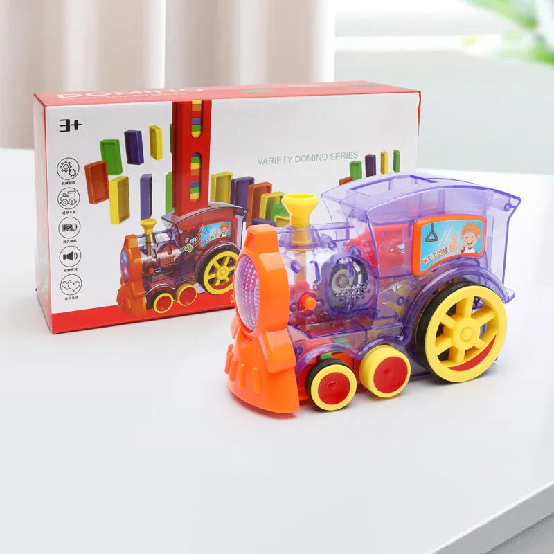 Domino train toy with 100 plastic dominoes in random colours, including toy train and card storage box