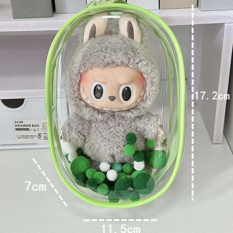 Transparent PVC cube storage bag for cotton dolls with keychain attachment.