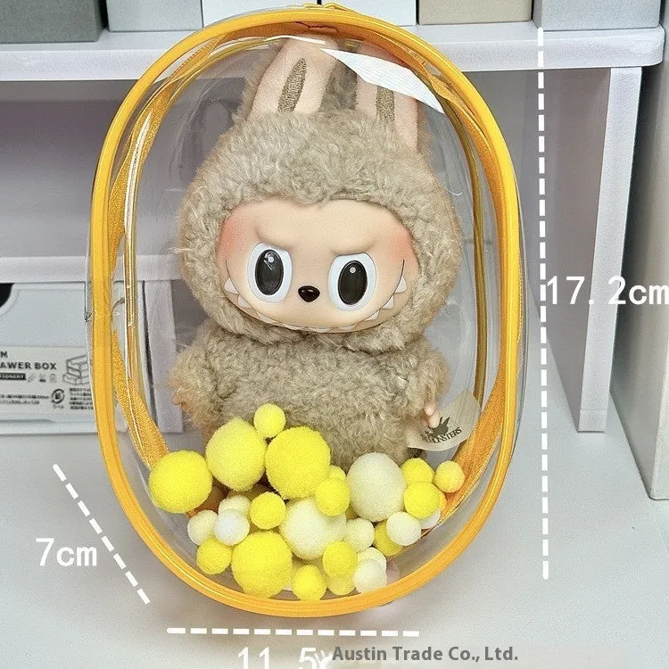 Transparent PVC cube storage bag for cotton dolls with keychain attachment.