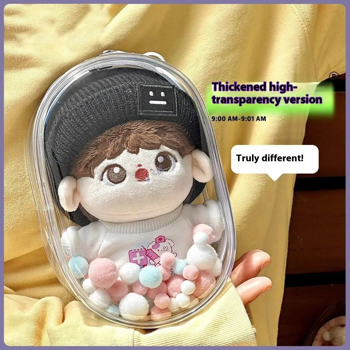 Transparent PVC cube storage bag for cotton dolls with keychain attachment.