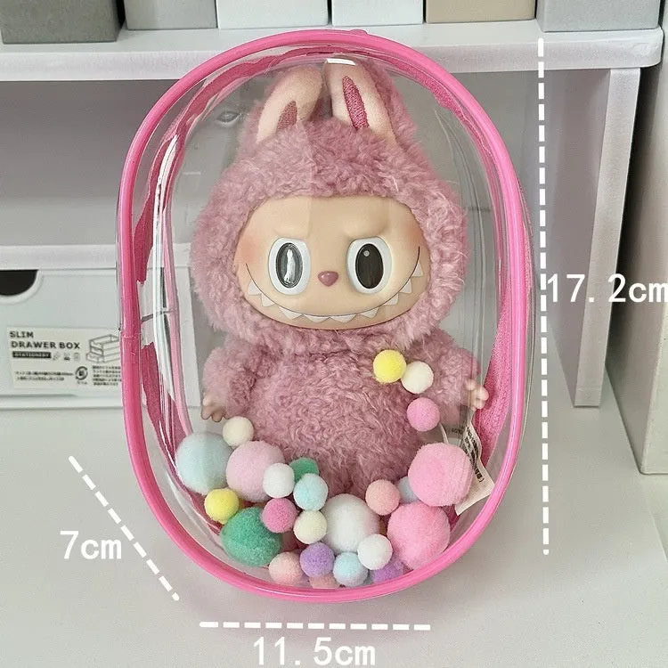 Transparent PVC cube storage bag for cotton dolls with keychain attachment.