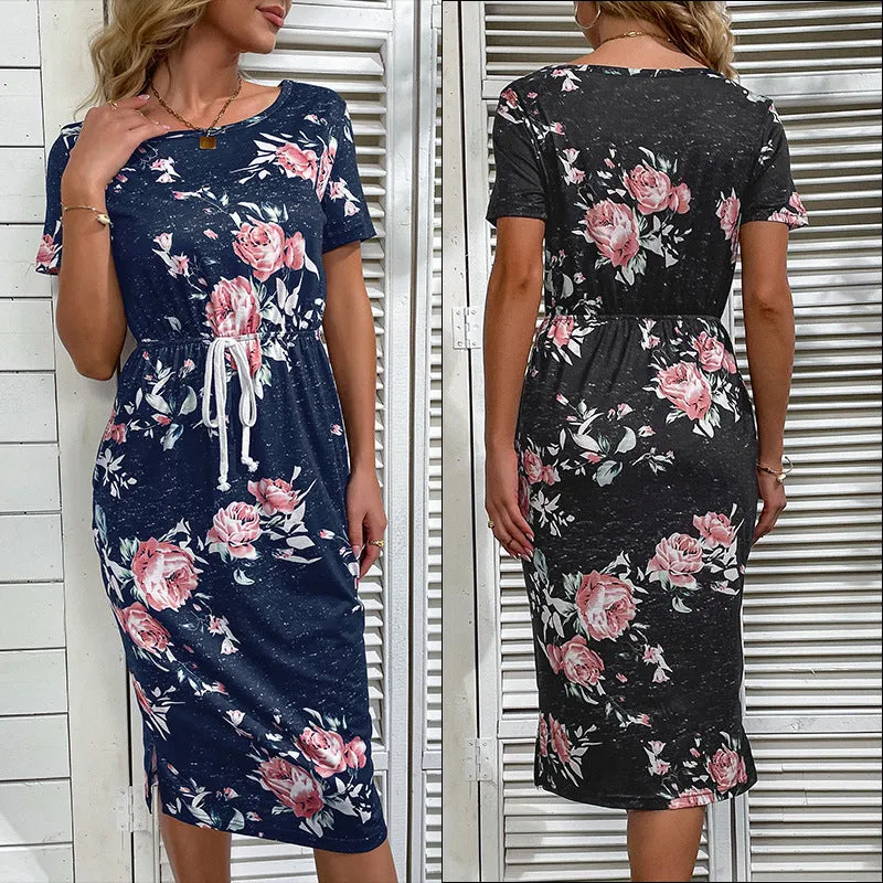 Casual women's high waist printed polyester dress in black, front view, sizes S to XL