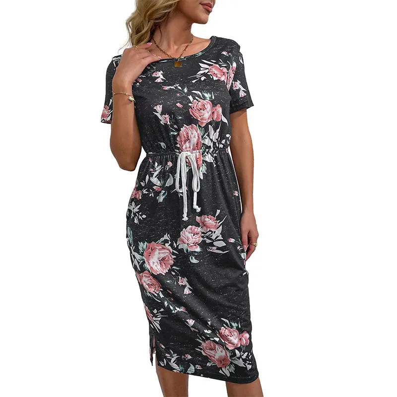 Casual women's high waist printed polyester dress in black, front view, sizes S to XL