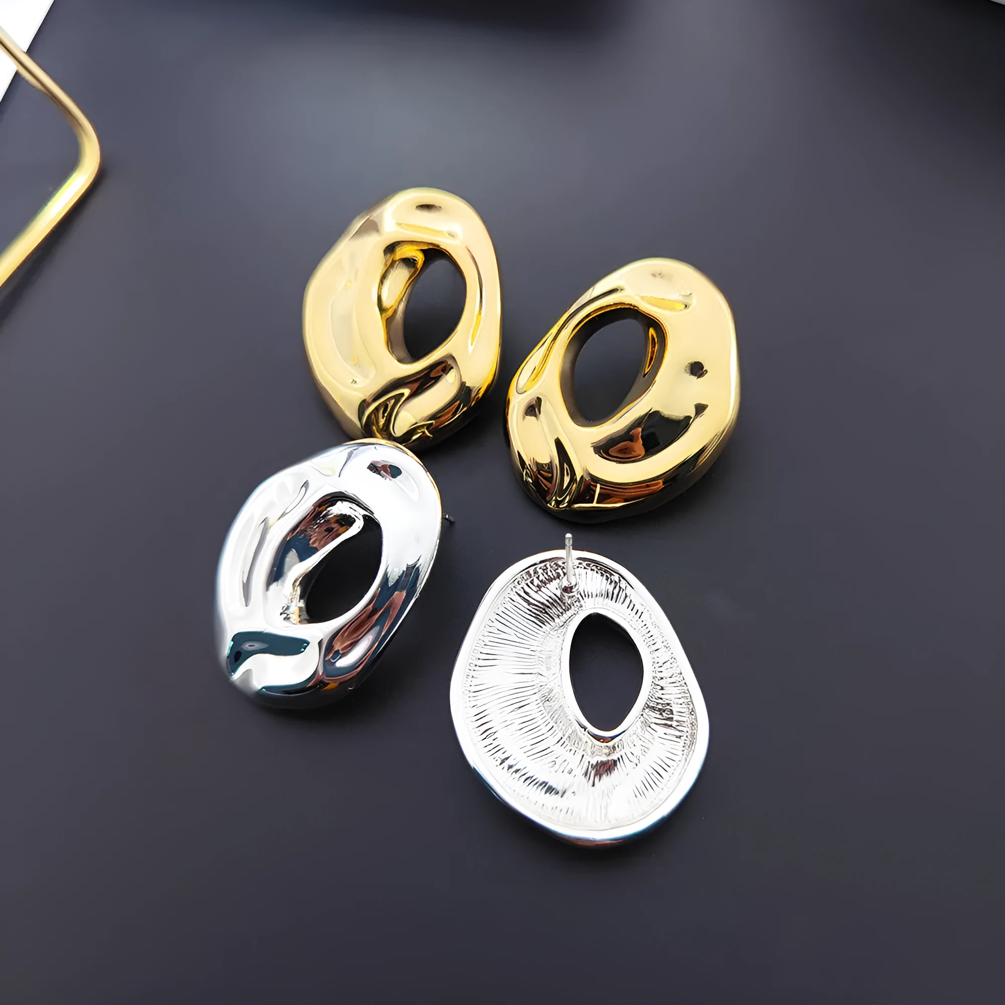 Retro metal geometric irregular ring ear studs in gold and silver for women