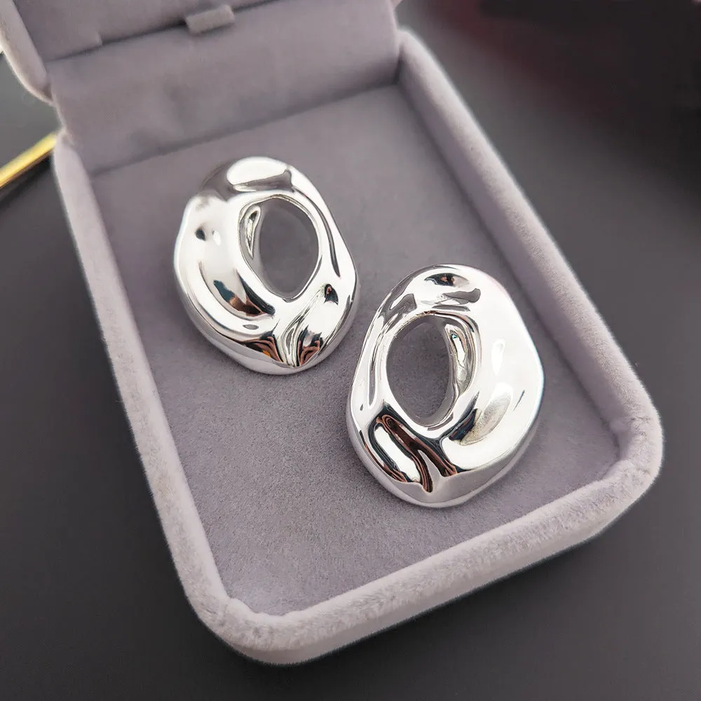 Retro metal geometric irregular ring ear studs in gold and silver for women